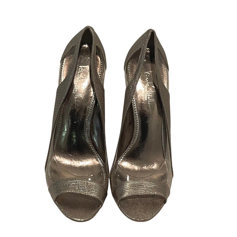 Nicole Miller NY Women's Peep Toe Heels Silver Metallic Acrylic Size 8.5